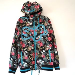 Saga Outerwear Floral Flower Jacket Hooded Soft-Shell Windbreaker Large Logo M
